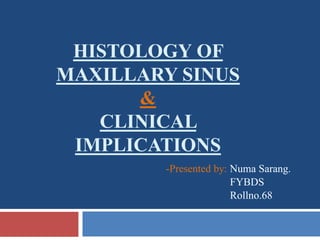 HISTOLOGY OF
MAXILLARY SINUS
&
CLINICAL
IMPLICATIONS
-Presented by: Numa Sarang.
FYBDS
Rollno.68
 
