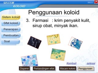 exit 
Penggunaan koloid 
3. Farmasi : krim penyakit kulit, 
sirup obat, minyak ikan. 
Kembali selesai 
DDDDiissiissppppeeeerrsrsrssiiii PPPPeeeerrbrbrbbaaaannnnddddiinniinnggggaaaannnn ss ssiiffiiaaffaatttt MMMMaaaaccccaaaammmm kk kkoooolloollooiiddiidd PPPPeeeennnngggggggguuuunnnnaaaaaaaannnn 
 