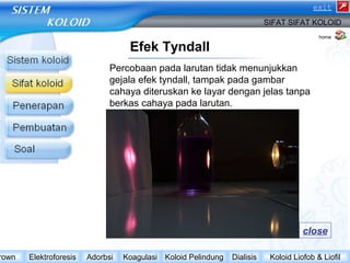 Efek Tyndall 
exit 
SIFAT SIFAT KOLOID 
home 
Percobaan pada larutan tidak menunjukkan 
gejala efek tyndall, tampak pada gambar 
cahaya diteruskan ke layar dengan jelas tanpa 
berkas cahaya pada larutan. 
close 
Brown Elektroforesis Adorbsi Koagulasi Koloid Pelindung Dialisis Koloid Liofob & Liofil 
 