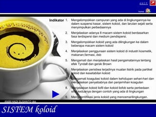 SIS TEM koloid 
exit 
home 
1. Mengelompokkan campuran yang ada di lingkungannya ke 
dalam suspensi kasar, sistem koloid, dan larutan sejati serta 
menyimpulkan perbedaannya 
2. Menjelaskan adanya 8 macam sistem koloid berdasarkan 
fasa terdispersi dan medium pendispersi. 
3. Mengelompokkan koloid yang ada dilingkungan ke dalam 
beberapa macam sistem koloid 
4. Menjelaskan penggunaan sistem koloid di industri kosmetik, 
makanan,farmasi, dsb 
5. Mengamati dan menjelaskan hasil pengamatannya tentang 
efek Tyndall dan gerak Brown 
6. Menjelaskan peristiwa terjadinya muatan listrik pada partikel 
koloid dan kesetabilan koloid 
7. Mengamati koagulasi koloid dalam kehidupan sehari-hari dan 
menjelaskan penyebabnya dan penjernihan koagulan 
8. Menjelaskan koloid liofil dan koloid liofob serta perbedaan 
sifat keduanya dengan contoh yang ada di lingkungan 
9. Mengidentifikasi jenis koloid yang mencemarilingkungan. 
Indikator 
ANIM HADI SUSANTO dkk 
 