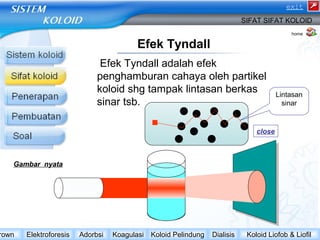 Efek Tyndall 
exit 
SIFAT SIFAT KOLOID 
Efek Tyndall adalah efek 
penghamburan cahaya oleh partikel 
koloid shg tampak lintasan berkas 
sinar tsb. 
close 
home 
Lintasan 
sinar 
Gambar nyata 
Brown Elektroforesis Adorbsi Koagulasi Koloid Pelindung Dialisis Koloid Liofob & Liofil 
 