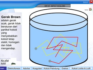 Gerak Brown 
adalah gerak 
acak, gerak tidak 
beraturan dari 
partikel koloid 
yang 
menyebabkan 
koloid tetap 
stabil, homogen 
dan tidak 
mengendap. 
SIFAT SIFAT KOLOID 
Ke sifat 
kolid 
exit 
home 
Brown Elektroforesis Adorbsi Koagulasi Koloid Pelindung Dialisis Koloid Liofob & Liofil 
 