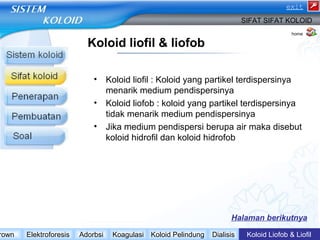 Koloid liofil & liofob 
exit 
SIFAT SIFAT KOLOID 
home 
• Koloid liofil : Koloid yang partikel terdispersinya 
menarik medium pendispersinya 
• Koloid liofob : koloid yang partikel terdispersinya 
tidak menarik medium pendispersinya 
• Jika medium pendispersi berupa air maka disebut 
koloid hidrofil dan koloid hidrofob 
Halaman berikutnya 
Brown Elektroforesis Adorbsi Koagulasi Koloid Pelindung Dialisis Koloid Liofob & Liofil 
 
