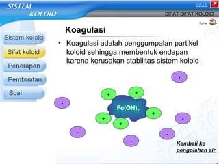 exit 
SIFAT SIFAT KOLOID 
Koagulasi 
• Koagulasi adalah penggumpalan partikel 
koloid sehingga membentuk endapan 
karena kerusakan stabilitas sistem koloid 
Fe(OH)2 + 
+ 
+ 
+ + 
- 
- 
- 
- 
- 
- 
home 
Kembali ke 
pengolahan air 
 