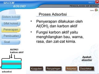 exit 
PENGOLAHAN AIR BERSIH 
Proses Adsorbsi 
• Penyerapan dilakukan oleh 
Al(OH)3 dan karbon aktif 
• Fungsi karbon aktif yaitu 
menghilangkan bau, warna, 
rasa, dan zat-zat kimia. 
home 
Apakah 
absorbsi 
KKKKooooaaaagggguuuullaallaassssiiii PPPPeeeennnnyyyyaaaarririrnniinnggggaaaannnn AAAAddddssssoooorrbrbrbbssssiiii DDDDeeeessssiinniinnffeeffeekkkkssssiiii 
 