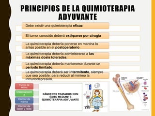 PRINCIPIOS DE LA QUIMIOTERAPIA
ADYUVANTE
Debe existir una quimioterapia eficaz
El tumor conocido deberá extirparse por cirugía
La quimioterapia debería ponerse en marcha lo
antes posible en el postoperatorio
La quimioterapia debería administrarse a las
máximas dosis toleradas.
La quimioterapia debería mantenerse durante un
periodo limitado.
La quimioterapia deberá ser intermitente, siempre
que sea posible, para reducir al mínimo la
inmunodepresión.
Tumor de
Wilms
Osteosarcom
a
Cáncer de
mama
Cáncer de
colon y recto
CÁNCERES TRATADOS CON
ÉXITO MEDIANTE
QUIMIOTERAPIA ADYUVANTE
 