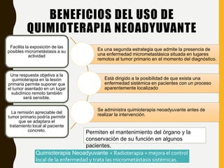 Es una segunda estrategia que admite la presencia de
una enfermedad micrometastásica situada en lugares
remotos al tumor primario en el momento del diagnóstico.
Está dirigido a la posibilidad de que exista una
enfermedad sistémica en pacientes con un proceso
aparentemente localizado
Se administra quimioterapia neoadyuvante antes de
realizar la intervención.
Facilita la exposición de las
posibles micrometástasis a su
actividad
Una respuesta objetiva a la
quimioterapia en la lesión
primaria permite suponer que
el tumor asentado en un lugar
subclínico remoto también
será sensible.
La remisión apreciable del
tumor primario podría permitir
que se adaptara el
tratamiento local al paciente
concreto.
BENEFICIOS DEL USO DE
QUIMIOTERAPIA NEOADYUVANTE
Permiten el mantenimiento del órgano y la
conservación de su función en algunos
pacientes.
Quimioterapia Neoadyuvante + Radioterapia = mejora el control
local de la enfermedad y trata las micrometástasis sistémicas.
 