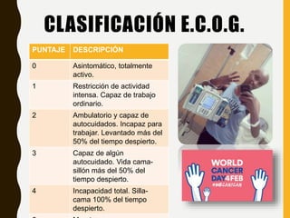 CLASIFICACIÓN E.C.O.G.
PUNTAJE DESCRIPCIÓN
0 Asintomático, totalmente
activo.
1 Restricción de actividad
intensa. Capaz de trabajo
ordinario.
2 Ambulatorio y capaz de
autocuidados. Incapaz para
trabajar. Levantado más del
50% del tiempo despierto.
3 Capaz de algún
autocuidado. Vida cama-
sillón más del 50% del
tiempo despierto.
4 Incapacidad total. Silla-
cama 100% del tiempo
despierto.
 