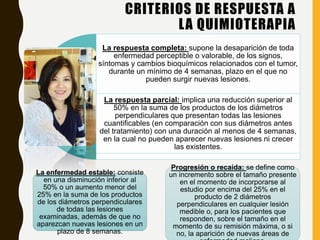 CRITERIOS DE RESPUESTA A
LA QUIMIOTERAPIA
La respuesta completa: supone la desaparición de toda
enfermedad perceptible o valorable, de los signos,
síntomas y cambios bioquímicos relacionados con el tumor,
durante un mínimo de 4 semanas, plazo en el que no
pueden surgir nuevas lesiones.
La respuesta parcial: implica una reducción superior al
50% en la suma de los productos de los diámetros
perpendiculares que presentan todas las lesiones
cuantificables (en comparación con sus diámetros antes
del tratamiento) con una duración al menos de 4 semanas,
en la cual no pueden aparecer nuevas lesiones ni crecer
las existentes.
La enfermedad estable: consiste
en una disminución inferior al
50% o un aumento menor del
25% en la suma de los productos
de los diámetros perpendiculares
de todas las lesiones
examinadas, además de que no
aparezcan nuevas lesiones en un
plazo de 8 semanas.
Progresión o recaída: se define como
un incremento sobre el tamaño presente
en el momento de incorporarse al
estudio por encima del 25% en el
producto de 2 diámetros
perpendiculares en cualquier lesión
medible o, para los pacientes que
responden, sobre el tamaño en el
momento de su remisión máxima, o si
no, la aparición de nuevas áreas de
 