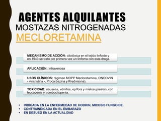 MECANISMO DE ACCIÓN: citotóxica en el tejido linfoide y
en 1943 se trató por primera vez un linfoma con esta droga.
APLICACIÓN: Intravenosa
USOS CLÍNICOS: régimen MOPP Mecloretamina, ONCOVIN
- vincristina -, Procarbazina y Prednisona).
TOXICIDAD: náuseas, vómitos, epífora y mielosupresión, con
leucopenia y trombocitopenia.
AGENTES ALQUILANTES
MOSTAZAS NITROGENADAS
MECLORETAMINA
 INDICADA EN LA ENFERMEDAD DE HODKIN, MICOSIS FUNGOIDE.
 CONTRAINDICADA EN EL EMBARAZO
 EN DESUSO EN LA ACTUALIDAD
 