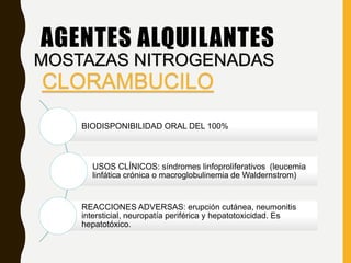 BIODISPONIBILIDAD ORAL DEL 100%
USOS CLÍNICOS: síndromes linfoproliferativos (leucemia
linfática crónica o macroglobulinemia de Waldernstrom)
REACCIONES ADVERSAS: erupción cutánea, neumonitis
intersticial, neuropatía periférica y hepatotoxicidad. Es
hepatotóxico.
AGENTES ALQUILANTES
MOSTAZAS NITROGENADAS
CLORAMBUCILO
 