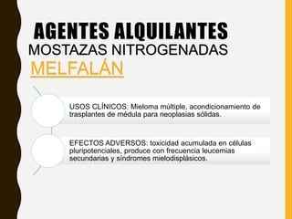 USOS CLÍNICOS: Mieloma múltiple, acondicionamiento de
trasplantes de médula para neoplasias sólidas.
EFECTOS ADVERSOS: toxicidad acumulada en células
pluripotenciales, produce con frecuencia leucemias
secundarias y síndromes mielodisplásicos.
AGENTES ALQUILANTES
MOSTAZAS NITROGENADAS
MELFALÁN
 