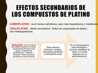 CISPLATINO: se acumula en
las células tubulares renales,
produciendo fracaso renal
agudo. Tratamiento:
rehidratación + Manitol →
Diuresis. Puede provocar
insuficiencia renal crónica.
Otros efectos
adversos: sordera,
neuropatía periférica
y tubulopatía renal.
Es el antineoplásico
más emetógeno.
(emesis retardada de
hasta 5 o 6 días
después de su
administración).
EFECTOS SECUNDARIOS DE
LOS COMPUESTOS DE PLATINO
CARBOPLATINO: es el menos nefrotóxico, pero más hepatotóxico y mielotóxico
OXALIPLATINO: efecto neurotóxico. Todos los compuestos de platino
son mielosupresores.
 
