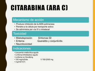 Mecanismo de acción
• Produce inhibición de la ADN polimerasa
• Penetra a la célula por transporte activo
• Se administra por vía IV o intratecal
Toxicidad
• Mielodepresión Síntomas GI
• Eritema Queratitis y conjuntivitis
• Neurotoxicidad
Indicaciones
• Leucemia mielocítica aguda
• Linfoma linfoblastico agudo
• Linfoma no Hondking
• 100 mg/m2/dia V 100-2000 mg
• 3 g/m2/12 h
CITARABINA (ARA C)
 