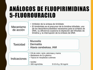 ANÁLOGOS DE FLUOPIRIMIDINAS
5-FLUOROURACILO
• Inhibidor de la sintasa de timilidato
• El timidinilato es el precursor de la timidina trifosfato, uno
de los deoxiribonucleótidos necesarios para la síntesis de
DNA, su dificiencia ocasiona la depleción del trifosfato de
timidina y, la interrupción de la síntesis de DNA
Mecanismo
de acción
• Mucositis
• Dermatitis
• Ataxia cerebelosa, IAM
Toxicidad
• CA de colon, recto, páncreas y mama
• Metástasis de Ca gástrico
• Tópica en neoplasias cutáneas
• 5d/28d
• 300 mg/m2/dia S 0.5-5 g 50 mg/ml
Indicaciones
 