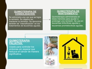 QUIMIOTERAPIA DE
CONSOLIDACIÓN:
Se administra una vez que se logra
la remisión. Su objetivo es:
mantener la remisión. Se denomina
también de “intensificación” en los
tratamientos de leucemias agudas.
QUIMIOTERAPIA DE
MANTENIMIENTO:
Quimioterapia administrada en
dosis menores para ayudar a
prolongar una remisión. Se usa en
leucemias linfocíticas agudas y
leucemias promielocíticas agudas.
QUIMIOTERAPIA
PALIATIVA:
Usada para controlar los
síntomas sin esperar que
reduzca el cáncer de manera
significativa.
 