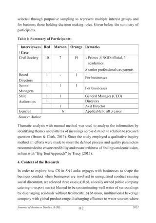 112
Journal of Business Studies, 8 (SI) 2021
selected through purposive sampling to represent multiple interest groups and
for business those holding decision making roles. Given below the summary of
participants.
Table1: Summary of Participants:
Interviewees
/ Case
Red Maroon Orange Remarks
Civil Society 10 7 19 1	Priests ,4 NGO official, 3
academics
2	senior professionals as parents
Board
Directors
1 - 1
For businesses
Senior
Managers
1 1 1
For businesses
State
Authorities
1 1 General Manager (CEO)
1 Directors
1 Asst Director
General 6 Applicable to all 3 cases
Source: Author
Thematic analysis with manual method was used to analyze the information by
identifying themes and patterns of meanings across data set in relation to research
question (Braun & Clark, 2013). Since the study employed a qualitative inquiry
method all efforts were made to meet the defined process and quality parameters
recommended to ensure credibility and trustworthiness of findings and conclusion,
in line with “Big Tent Approach” by Tracy (2013).
4. Context of the Research
In order to explore how CS in Sri Lanka engages with businesses to shape the
business conduct when businesses are involved in unregulated conduct causing
social discontent, we selected three cases; a) Red, a locally owned public company
catering to export market blamed to be contaminating well water of surroundings
by discharging residuals without treatments; b) Maroon, multinational beverage
company with global product range discharging effluence to water sources where
 