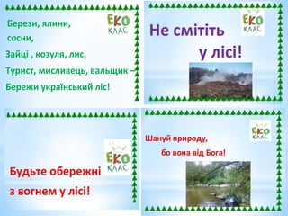 Берези, ялини,
сосни,
Зайці , козуля, лис,
Турист, мисливець, вальщик –
Бережи український ліс!
 