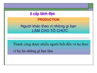 Thành công được nhiều người biết đến và họ theo
vì họ tin những gì bạn làm
PRODUCTION
Người khác theo vì những gì bạn
LÀM CHO TỔ CHỨC
 