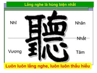 Vương
Nhĩ Nhãn
Nhất
Tâm
Luôn luôn lắng nghe, luôn luôn thấu hiểu
Lắng nghe là hùng biện nhất
 