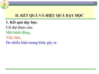 II. KẾT QUẢ VÀ HIỆU QUẢ DẠY HỌC
1. Kết quả dạy học.
Cái đạt được của:
Một hành động,
Việc làm,
Do nhiều hiện tượng khác gây ra
 