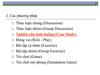 2. Các phương pháp
 Thảo luận chung (Discussion)
 Thảo luận nhóm (Group Discussion)
 Nghiên cứu tình huống (Case Study)
 Đóng vai (Role - Play)
 Bài tập cá nhân (Exercise)
 Bài tập nhóm (Group Exercise)
 Trò chơi (Game)
 Trò chơi mô phỏng (Simulation Game)
 