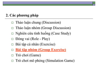 2. Các phương pháp
 Thảo luận chung (Discussion)
 Thảo luận nhóm (Group Discussion)
 Nghiên cứu tình huống (Case Study)
 Đóng vai (Role - Play)
 Bài tập cá nhân (Exercise)
 Bài tập nhóm (Group Exercise)
 Trò chơi (Game)
 Trò chơi mô phỏng (Simulation Game)
 