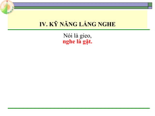 IV. KỸ NĂNG LẮNG NGHE
Nói là gieo,
nghe là gặt.
 