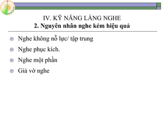 IV. KỸ NĂNG LẮNG NGHE
2. Nguyên nhân nghe kém hiệu quả
 Nghe không nỗ lực/ tập trung
 Nghe phục kích.
 Nghe một phần
 Giả vờ nghe
 
