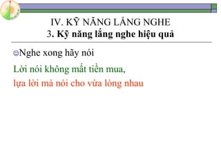 IV. KỸ NĂNG LẮNG NGHE
3. Kỹ năng lắng nghe hiệu quả
Nghe xong hãy nói
Lời nói không mất tiền mua,
lựa lời mà nói cho vừa lòng nhau
 