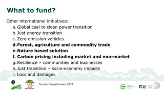 What to fund?
Other international initiatives:
a. Global coal to clean power transition
b.Just energy transition
c. Zero emission vehicles
d.Forest, agriculture and commodity trade
e.Nature based solution
f. Carbon pricing including market and non-market
g.Resilience – communities and businesses
h.Just transition – socio-economy impacts
i. Loss and damages
Source: Soejachmoen 2022
 