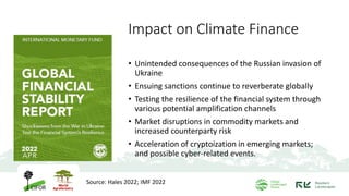 Impact on Climate Finance
• Unintended consequences of the Russian invasion of
Ukraine
• Ensuing sanctions continue to reverberate globally
• Testing the resilience of the financial system through
various potential amplification channels
• Market disruptions in commodity markets and
increased counterparty risk
• Acceleration of cryptoization in emerging markets;
and possible cyber-related events.
Source: Hales 2022; IMF 2022
 