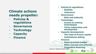 Climate actions
needs propeller:
- Policies &
regulations
- Governance
- Technology
- Capacity
- Finance
• Policies & regulations:
- Stability
- Coherency
• Governance:
- Role and authority
• Technology:
- Access to existing
technologies
- Techs cooperation and
development
• Capacity development:
- The need of human capital
- Institutional setting
• Finance:
- State/province budget
- Other sources and schemes
- Innovative financing
Source: Soejachmoen 2022
 