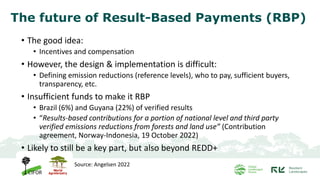 The future of Result-Based Payments (RBP)
• The good idea:
• Incentives and compensation
• However, the design & implementation is difficult:
• Defining emission reductions (reference levels), who to pay, sufficient buyers,
transparency, etc.
• Insufficient funds to make it RBP
• Brazil (6%) and Guyana (22%) of verified results
• “Results-based contributions for a portion of national level and third party
verified emissions reductions from forests and land use” (Contribution
agreement, Norway-Indonesia, 19 October 2022)
• Likely to still be a key part, but also beyond REDD+
Source: Angelsen 2022
 