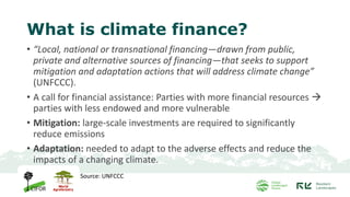 What is climate finance?
• “Local, national or transnational financing—drawn from public,
private and alternative sources of financing—that seeks to support
mitigation and adaptation actions that will address climate change”
(UNFCCC).
• A call for financial assistance: Parties with more financial resources →
parties with less endowed and more vulnerable
• Mitigation: large-scale investments are required to significantly
reduce emissions
• Adaptation: needed to adapt to the adverse effects and reduce the
impacts of a changing climate.
Source: UNFCCC
 