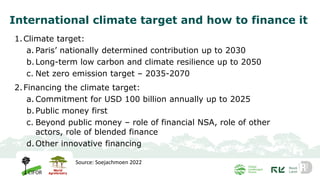 International climate target and how to finance it
1.Climate target:
a. Paris’ nationally determined contribution up to 2030
b.Long-term low carbon and climate resilience up to 2050
c. Net zero emission target – 2035-2070
2.Financing the climate target:
a. Commitment for USD 100 billion annually up to 2025
b.Public money first
c. Beyond public money – role of financial NSA, role of other
actors, role of blended finance
d.Other innovative financing
Source: Soejachmoen 2022
 
