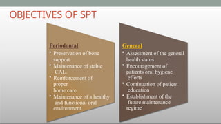 OBJECTIVES OF SPT
Periodontal
• Preservation of bone
support
• Maintenance of stable
CAL.
• Reinforcement of
proper
home care.
• Maintenance of a healthy
and functional oral
environment
General
• Assessment of the general
health status
• Encouragement of
patients oral hygiene
efforts
• Continuation of patient
education
• Establishment of the
future maintenance
regime
 