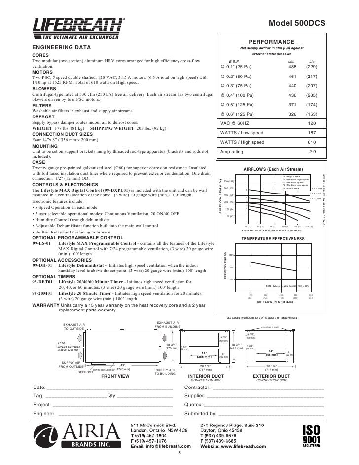 LifeBreath Operation Installation Manual Max Series 500 Erv