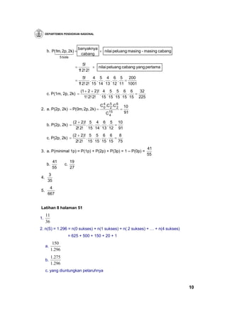 DEPARTEMEN PENDIDIKAN NASIONAL




                                  banyaknya
      b. P(1m, 2p, 2k) =
          14243
                                              × nilai peluang masing - masing cabang
                         cabang
                5 bola

                                     5!
                              =           × nilai peluang cabang yang pertama
                                  1 2! 2!
                                   !
                                     5!    4 5 4 6 5     200
                              =          . . . . . =
                                  1 2! 2! 15 14 13 12 11 1001
                                   !
                                   (1 + 2 + 2)! 4 5 5 6 6     32
      c. P(1m, 2p, 2k) =                       . . . . .    =
                                     1! 2! 2! 15 15 15 15 15 225

                                              C 0 .C 5 .C 6
                                                4
                                                     2 2          10
2. a. P(2p, 2k) = P(0m, 2p, 2k) =                             =
                                                  C15
                                                   4
                                                                  91

                          ( 2 + 2)! 5 4 6 5 10
      b. P(2p, 2k) =               . . . .    =
                             2! 2! 15 14 13 12 91
                          ( 2 + 2)! 5 5 6 6     8
      c. P(2p, 2k) =               . . . .    =
                             2! 2! 15 15 15 15 75
                                                                       41
3. a. P(minimal 1p) = P(1p) + P(2p) + P(3p) = 1 – P(0p) =
                                                                       55
           41            19
      b.           c.
           55            27
       3
4.
      35
       4
5.
      667


Latihan 8 halaman 51
     11
1.
     36
2. n(S) = 1.296 = n(0 sukses) + n(1 sukses) + n( 2 sukses) + … + n(4 sukses)
                        = 625 + 500 + 150 + 20 + 1
            150
     a.
           1.296
           1.275
     b.
           1.296
     c. yang diuntungkan petaruhnya



                                                                                       10
 