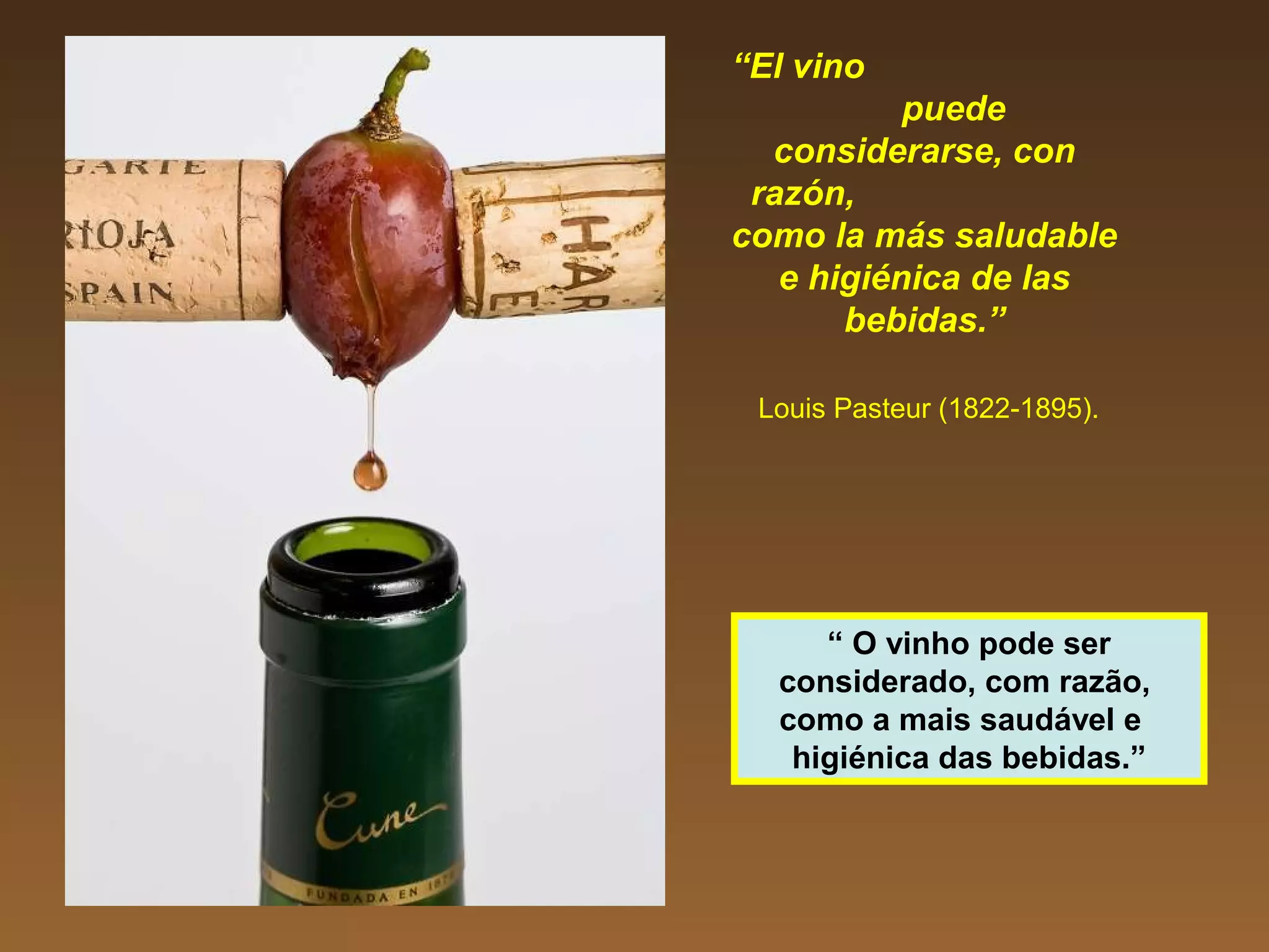 “El vino
puede
considerarse, con
razón,
como la más saludable
e higiénica de las
bebidas.”
Louis Pasteur (1822-1895).
“ O vinho pode ser
considerado, com razão,
como a mais saudável e
higiénica das bebidas.”
 