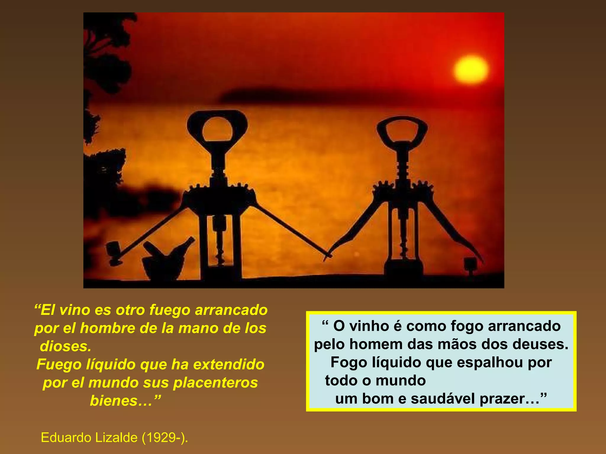“El vino es otro fuego arrancado
por el hombre de la mano de los
dioses.
Fuego líquido que ha extendido
por el mundo sus placenteros
bienes…”
Eduardo Lizalde (1929-).
“ O vinho é como fogo arrancado
pelo homem das mãos dos deuses.
Fogo líquido que espalhou por
todo o mundo
um bom e saudável prazer…”
 