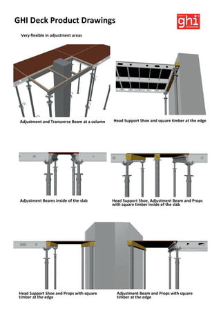 GHI Deck Product Drawings
Very flexible in adjustment areas
Adjustment and Transverse Beam at a column Head Support Shoe and square timber at the edge
Adjustment Beams inside of the slab Head Support Shoe, Adjustment Beam and Props
with square timber inside of the slab
Head Support Shoe and Props with square
timber at the edge
Adjustment Beam and Props with square
timber at the edge
 