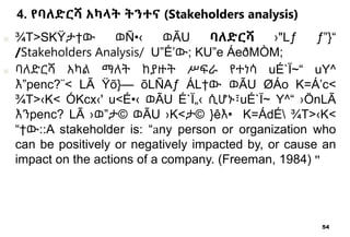 54
4. የባለድርሻ አካላት ትንተና (Stakeholders analysis)
■ ¾T>SKŸታ†ው ወÑ•‹ ወÃU ባለድርሻ ›"Lƒ ƒ”}“
/Stakeholders Analysis/ U”É’ው; KU”e ÁeðMÒM;
■ ባለድርሻ አካል ማለት ከያዙት ሥፍራ የተነሳ uÉ`Ï~“ uY^
እ”penc?¨< LÃ Ÿõ}— õLÑAƒ ÁL†ው ወÃU ØÁo K=Á’c<
¾T>‹K< ÓKcx‹' u<É•‹ ወÃU É`Ï„‹ ሲሆኑ፣uÉ`Ï~ Y^“ ›ÖnLÃ
እንpenc? LÃ ›ወ”ታ© ወÃU ›K<ታ© }êእ• K=ÁdÉ ¾T>‹K<
“†ው::A stakeholder is: “any person or organization who
can be positively or negatively impacted by, or cause an
impact on the actions of a company. (Freeman, 1984) ”
 