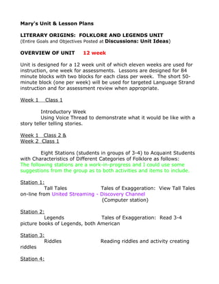 Mary's Unit & Lesson Plans

LITERARY ORIGINS: FOLKLORE AND LEGENDS UNIT
(Entire Goals and Objectives Posted at Discussions: Unit Ideas)

OVERVIEW OF UNIT          12 week

Unit is designed for a 12 week unit of which eleven weeks are used for
instruction, one week for assessments. Lessons are designed for 84
minute blocks with two blocks for each class per week. The short 50-
minute block (one per week) will be used for targeted Language Strand
instruction and for assessment review when appropriate.

Week 1       Class 1

         Introductory Week
         Using Voice Thread to demonstrate what it would be like with a
story teller telling stories.

Week 1 Class 2 &
Week 2 Class 1

         Eight Stations (students in groups of 3-4) to Acquaint Students
with Characteristics of Different Categories of Folklore as follows:
The following stations are a work-in-progress and I could use some
suggestions from the group as to both activities and items to include.

Station 1:
           Tall Tales           Tales of Exaggeration: View Tall Tales
on-line from United Streaming - Discovery Channel
                                (Computer station)

Station 2:
          Legends               Tales of Exaggeration: Read 3-4
picture books of Legends, both American

Station 3:
          Riddles                Reading riddles and activity creating
riddles

Station 4:
 
