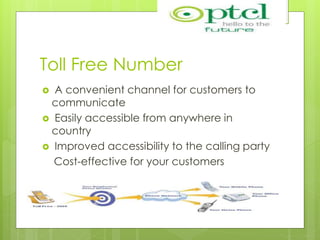 Toll Free Number
 A convenient channel for customers to
communicate
 Easily accessible from anywhere in
country
 Improved accessibility to the calling party
Cost-effective for your customers
 
