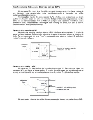 17
Interfaceamento de Sensores Discretos com os CLP’s
Os sensores têm como sinal de saída, em geral, uma corrente oriunda de coletor de
um transistor, esta característica reduz consideravelmente a corrupção por ruídos
eletromagnéticos do ambiente.
Com relação à ligação dos sensores aos CLP’s e fontes, pode-se dizer que são a dois
ou três fios. Aqueles a dois fios são, por exemplo, do tipo contato seco, ao passo que aqueles
a três fios são transistorizados: PNP ou NPN. Em qualquer caso a corrente poderá fluir para a
entrada do CLP, caracterizando a montagem tipo sourcing ou, então, fluir para o sensor,
caracterizando a montagem tipo sinking.
Sensores tipo sourcing – PNP
Neste tipo de sensor o transistor interno é PNP, conforme a figura abaixo; O circuito de
saída, portanto, deve ser fechado entre o terminal de saída do sensor e o terminal negativo da
fonte. Para a segurança do sinal “zero” é necessário que exista o resistor R (pull-down
resistor) mostrado na figura.
Sensores tipo sinking - NPN
Os sensores do tipo sinking são complementares aos do tipo sourcing; usam um
transistor NPN, conforme a figura abaixo. O circuito de saída deve ser fechado pela carga
entre o terminal de saída e o terminal positivo da fonte. O resistor R é dito pull-up resistor.
Na automação industrial, as saídas dos sensores estão ligadas a entradas de um CLP:
 