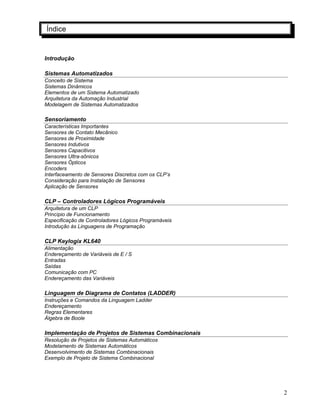 2
Índice
Introdução
Sistemas Automatizados
Conceito de Sistema
Sistemas Dinâmicos
Elementos de um Sistema Automatizado
Arquitetura da Automação Industrial
Modelagem de Sistemas Automatizados
Sensoriamento
Características Importantes
Sensores de Contato Mecânico
Sensores de Proximidade
Sensores Indutivos
Sensores Capacitivos
Sensores Ultra-sônicos
Sensores Ópticos
Encoders
Interfaceamento de Sensores Discretos com os CLP’s
Consideração para Instalação de Sensores
Aplicação de Sensores
CLP – Controladores Lógicos Programáveis
Arquitetura de um CLP
Princípio de Funcionamento
Especificação de Controladores Lógicos Programáveis
Introdução às Linguagens de Programação
CLP Keylogix KL640
Alimentação
Endereçamento de Variáveis de E / S
Entradas
Saídas
Comunicação com PC
Endereçamento das Variáveis
Linguagem de Diagrama de Contatos (LADDER)
Instruções e Comandos da Linguagem Ladder
Endereçamento
Regras Elementares
Álgebra de Boole
Implementação de Projetos de Sistemas Combinacionais
Resolução de Projetos de Sistemas Automáticos
Modelamento de Sistemas Automáticos
Desenvolvimento de Sistemas Combinacionais
Exemplo de Projeto de Sistema Combinacional
 