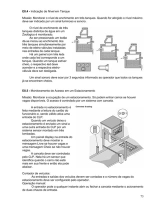 73
E8.4 - Indicação de Nível em Tanque
Missão: Monitorar o nível de enchimento em três tanques. Quando for atingido o nível máximo
deve ser indicado por um sinal luminoso e sonoro.
O nível de enchimento de três
tanques distintos de água em um
Zoológico é monitorado.
Ao ser pressionado um botão
dá-se iniciou ao enchimento dos
três tanques simultaneamente por
meio de eletro-válvulas instaladas
nas entradas de cada tanque.
Há um painel com três leds
onde cada led corresponde a um
tanque. Quando um tanque estiver
cheio, o respectivo led deve
acender e a respectiva eletro-
válvula deve ser desligada.
Um sinal sonoro deve soar por 3 segundos informado ao operador que todos os tanques
já se encontram cheios.
E8.5 - Monitoramento de Acesso em um Estacionamento
Missão: Monitorar a ocupação de um estacionamento. Só podem entrar carros se houver
vagas disponíveis. O acesso é controlado por um sistema com cancela.
A entrada no estacionamento é
feita mediante a leitura do cartão do
funcionário e, sendo válido atica uma
entrada do CLP.
Quando um veículo deixa o
estacionamento é enviado um sinal a
uma outra entrada do CLP por um
sistema sensor montado em três
lombadas.
Um painel display na entrada do
estacionamento deve mostrar a
mensagem Livre se houver vagas e
uma mensagem Cheio se não houver
vagas.
A cancela deve ser controlada
pelo CLP. Nela há um sensor que
identifica quando o carro não está
mais em sua frente e então ela pode
abaixar.
Contador de veículos:
As entradas e saídas dos veículos devem ser contadas e o número de vagas do
estacionamento deve ser configurado pelo operador.
Operação manual:
O operador pode a qualquer instante abrir ou fechar a cancela mediante o acionamento
de duas chaves de entrada.
 
