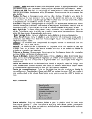 80
Diagrama Ladder: Este item do menu exibir só aparece quando oKeyprogram estiver na parte
de programação da IHM. Ele passa o Keyprogram para a programação em Diagrama Ladder.
Programa de IHM: Este item do menu exibir só aparece quando o Keyprogram estiver na
parte de programação do diagrama ladder. Ele passa o Keyprogram para a programação das
telas da IHM.
Toolbar: Configura o Keyprogram para exibir ou não o toolbar. O toolbar é uma barra de
ferramentas que fica logo abaixo no menu superior. Ela contém os ícones de novo projeto,
nova sub-rotina etc. Caso o usuário opte por não visualizar esta barra de ferramentas, todas
as funções devem ser escolhidas através do menu superior.
Statusbar: Configura o Keyprogram para a exibição ou não do Statusbar. O Statusbar é uma
barra de informações que fica na parte inferior do Keyprogram, e ele mostra o estado atual do
keyprogram quanto à comunicação com o CLP e outras informações de edição do projeto.
Menu de Edição: Configura o Keyprogram quanto à maneira como será exibido o menu de
edição. É através do menu de edição que o usuário insere novos componentes no diagrama
ladder. Há duas opções de visualização deste menu:
• Exibir no topo: Exibe o menu de edição logo abaixo da barra de ferramentas superior.
• Menu Móvel: Deixa o menu de edição de uma maneira móvel. A vantagens dessa opção é
aumentar a área útil da edição do ladder. A desvantagem é que o menu acaba atrapalhando a
edição do diagrama ladder.
Endereço: Os operandos dos componentes do diagrama ladder são mostrados com seu
endereço. (Ex.: %I0.0, %Q0.0 e etc).
Símbolo: Os operandos dos componentes do diagrama ladder são mostrados com seu
símbolo. Caso um endereço não possua símbolo associado a ele através da tabela de
símbolos, é mostrado o seu endereço.
Endereço e Símbolo: Os operandos dos componentes do diagrama ladder são mostrados
com seu símbolo e endereço simultaneamente.
Tabela de Símbolo: Exibe um formulário que permitira a edição da tabela de símbolos. Essa
tabela associa a um endereço utilizado no projeto um símbolo com 9 caracteres. Esse símbolo
é usado edição de cada componente do diagrama ladder e na visualização desse diagrama
como um todo.
Tabela de Símbolo: Exibe um formulário que permite a edição da tabela de strings. Essa
tabela indexa strings que são enviadas para o CLP por meio do download do projeto. Essas
strings são usadas na programação da IHM, nos campos string e seletora.
Tabela de compartilhamento: Exibe um formulário que permite a edição da tabela de
compartilhamento. Essa tabela configura quais CLP´s e quais endereços o CLP que receberá
este projeto estará lendo valores. Essa tabela só se preenche quando o CLP é Mestre na
rede.
Menu Ferramenta
Busca instrução: Busca no diagrama ladder a partir da posição atual do cursor uma
determinada instrução. Ex: Caso queira buscar a próxima instrução de contato normalmente
aberto, digite CNA. Uma tabela completa com as instruções e as respectivas siglas pode ser
encontrada no manual do Keyprogram.
 