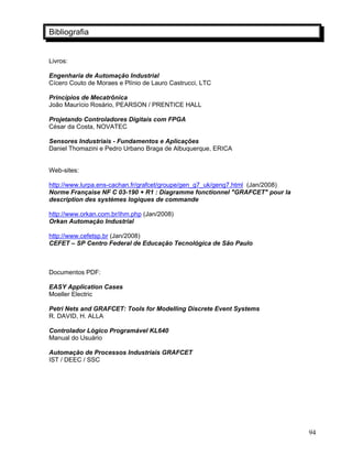 94
Bibliografia
Livros:
Engenharia de Automação Industrial
Cícero Couto de Moraes e Plínio de Lauro Castrucci, LTC
Princípios de Mecatrônica
João Maurício Rosário, PEARSON / PRENTICE HALL
Projetando Controladores Digitais com FPGA
César da Costa, NOVATEC
Sensores Industriais - Fundamentos e Aplicações
Daniel Thomazini e Pedro Urbano Braga de Albuquerque, ERICA
Web-sites:
http://www.lurpa.ens-cachan.fr/grafcet/groupe/gen_g7_uk/geng7.html (Jan/2008)
Norme Française NF C 03-190 + R1 : Diagramme fonctionnel "GRAFCET" pour la
description des systèmes logiques de commande
http://www.orkan.com.br/ihm.php (Jan/2008)
Orkan Automação Industrial
http://www.cefetsp.br (Jan/2008)
CEFET – SP Centro Federal de Educação Tecnológica de São Paulo
Documentos PDF:
EASY Application Cases
Moeller Electric
Petri Nets and GRAFCET: Tools for Modelling Discrete Event Systems
R. DAVID, H. ALLA
Controlador Lógico Programável KL640
Manual do Usuário
Automação de Processos Industriais GRAFCET
IST / DEEC / SSC
 